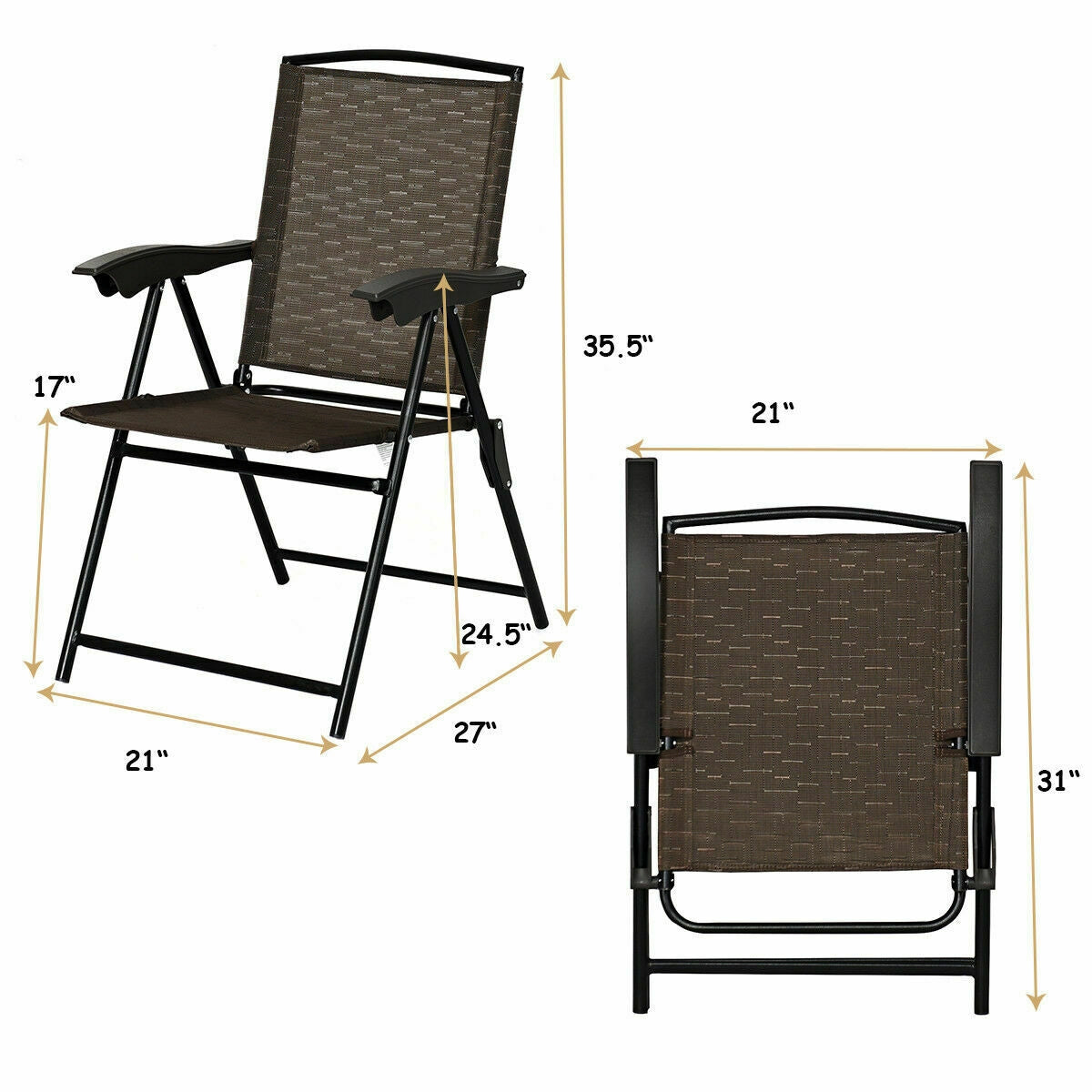 2 Pieces Folding Sling Chairs with Steel Armrests and Adjustable Back, Brown Patio Dining Chairs at Gallery Canada
