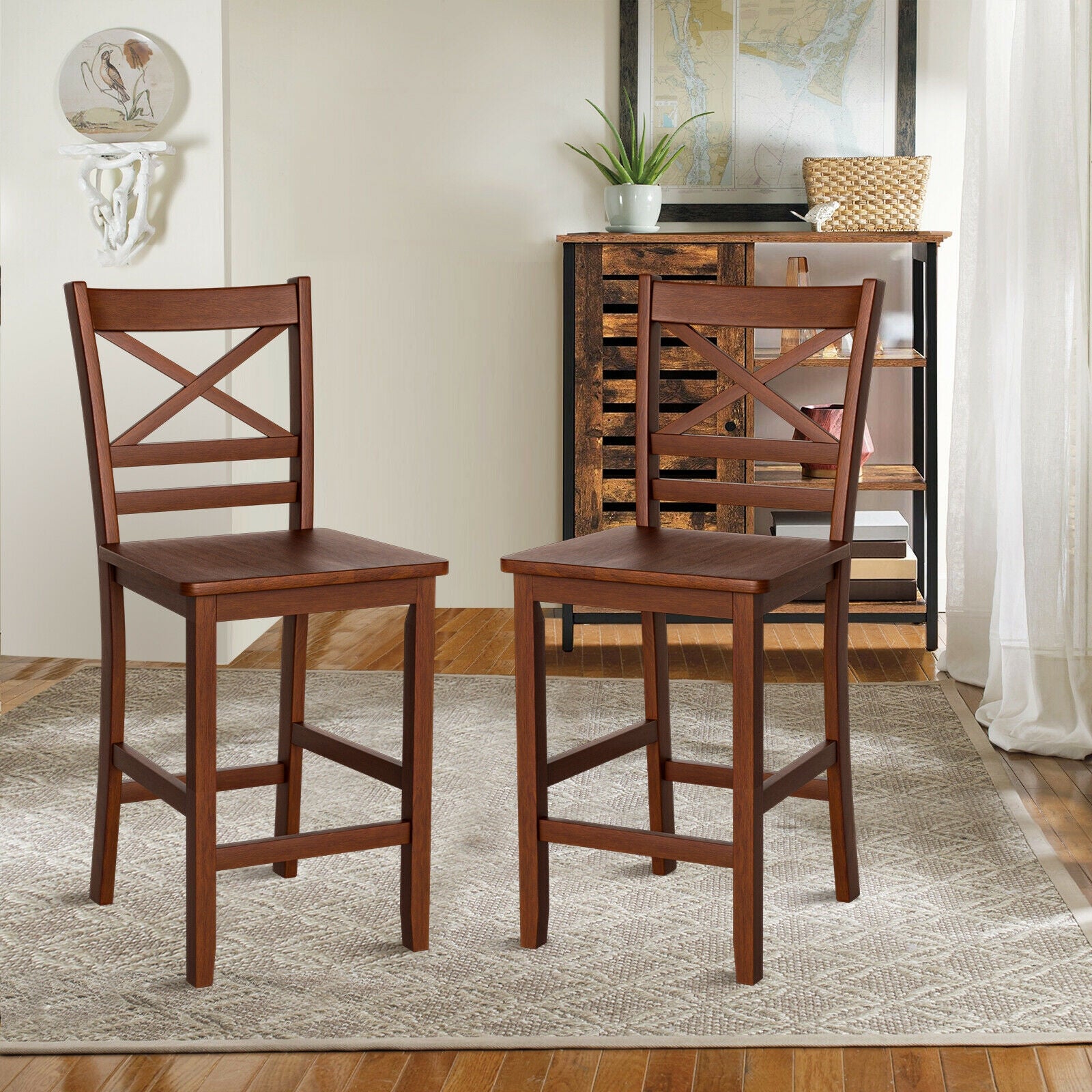 Set Of 2 Bar Stools, 25 Inch Counter Height, Walnut, Rubber Wood Legs Bar Stools at Gallery Canada