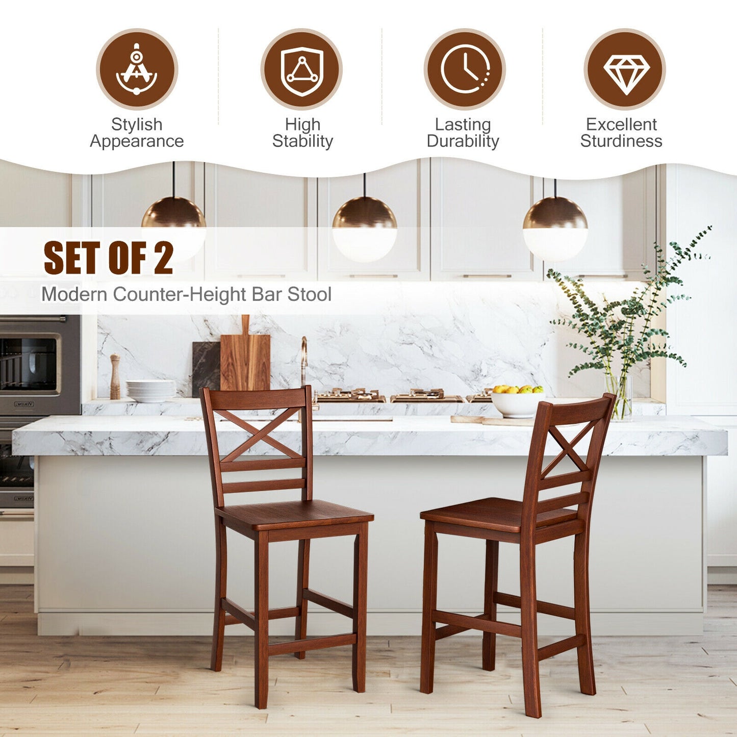 Set Of 2 Bar Stools, 25 Inch Counter Height, Walnut, Rubber Wood Legs Bar Stools at Gallery Canada