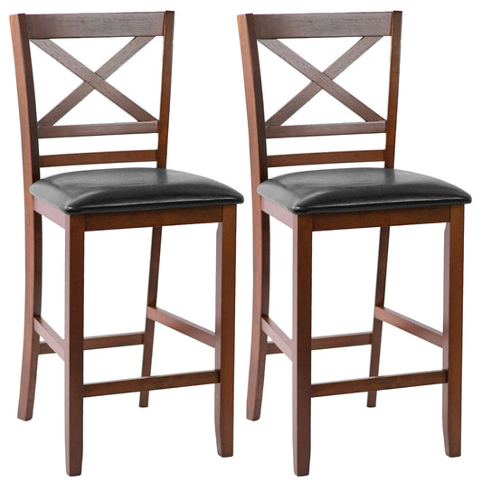 2 Bar Stools, 25 Inch Counter Height, PU Leather Seat, Walnut
