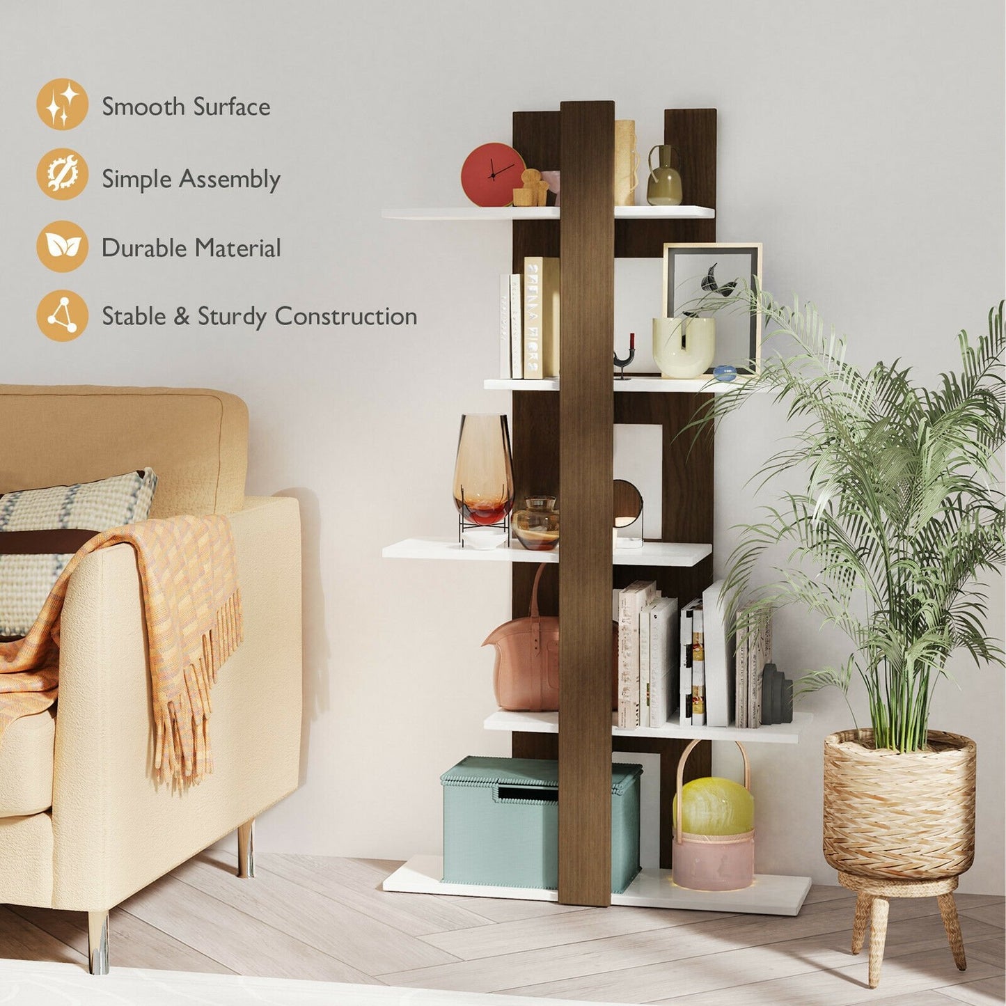 5-Tier Freestanding Bookshelf with Anti-Toppling Device, Brown - Gallery Canada
