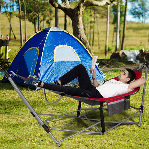 Folding Hammock Indoor Outdoor Hammock with Side Pocket and Iron Stand, Red