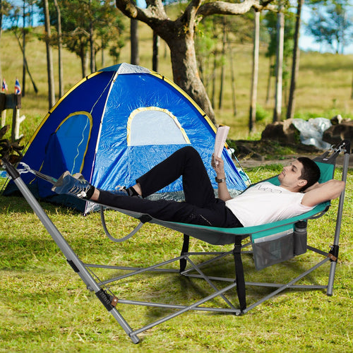 Folding Hammock Indoor Outdoor Hammock with Side Pocket and Iron Stand, Turquoise