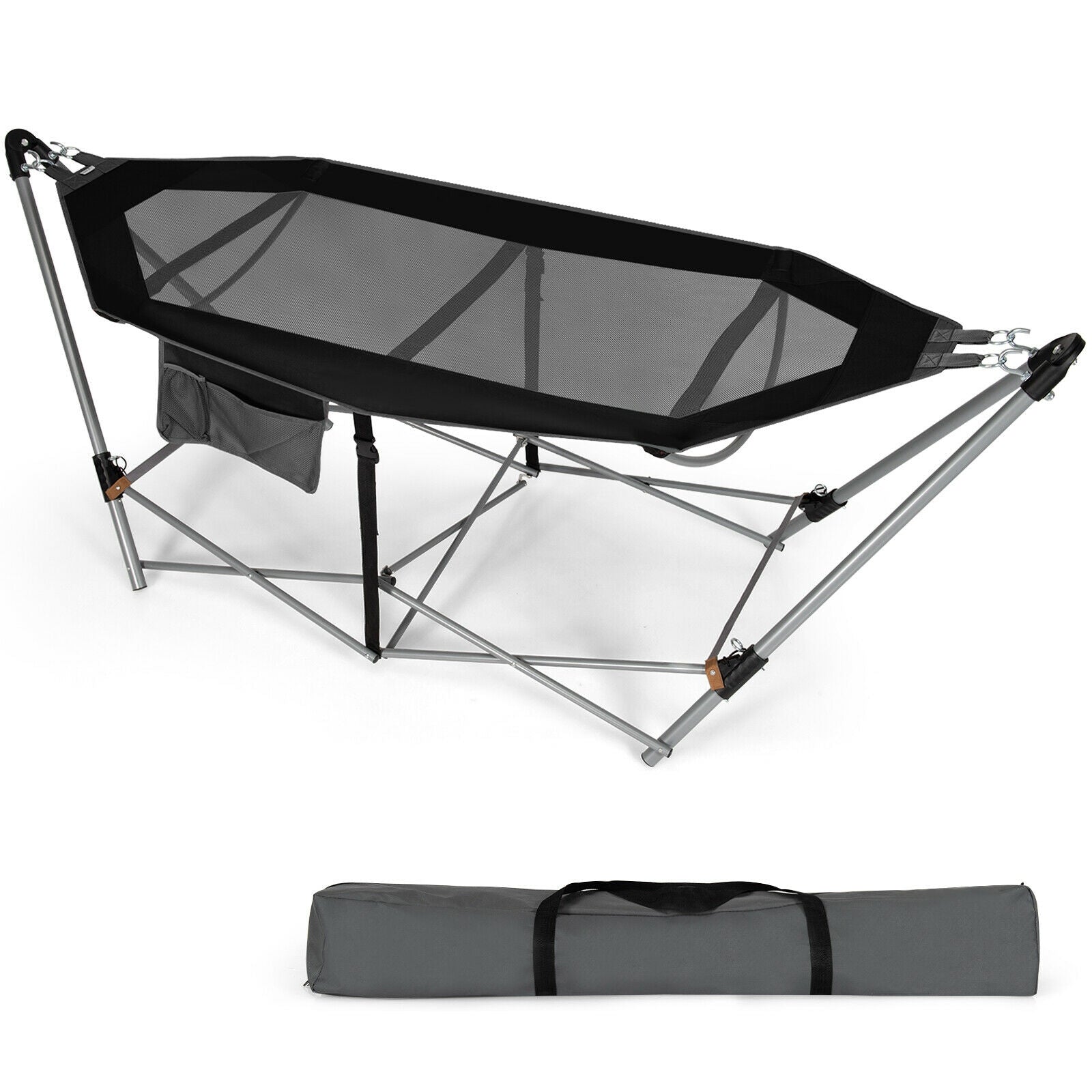 Folding Hammock Indoor Outdoor Hammock with Side Pocket and Iron Stand, Black Hammocks at Gallery Canada
