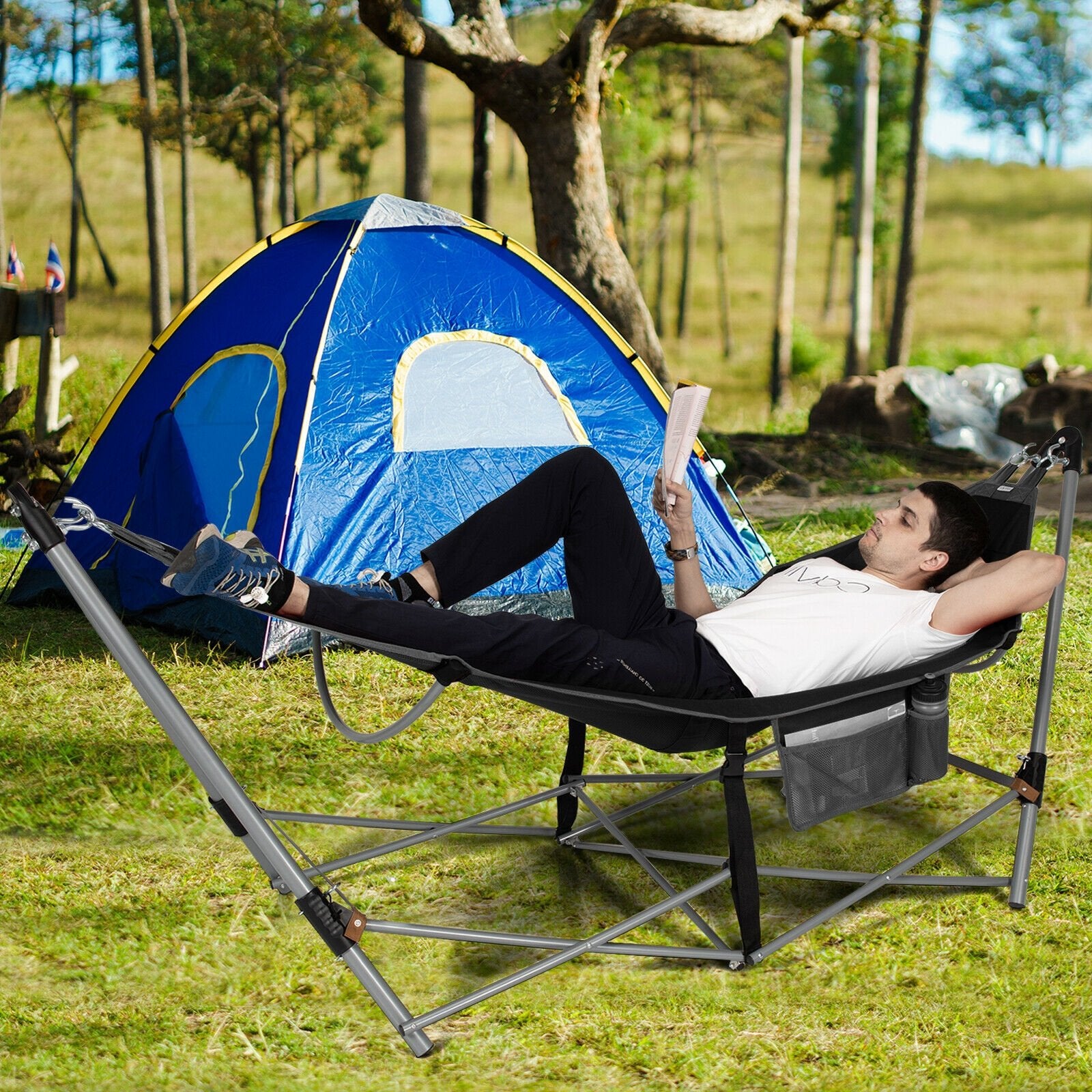 Folding Hammock Indoor Outdoor Hammock with Side Pocket and Iron Stand, Black - Gallery Canada