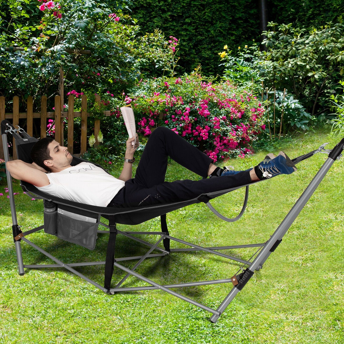 Folding Hammock Indoor Outdoor Hammock with Side Pocket and Iron Stand, Black Hammocks at Gallery Canada