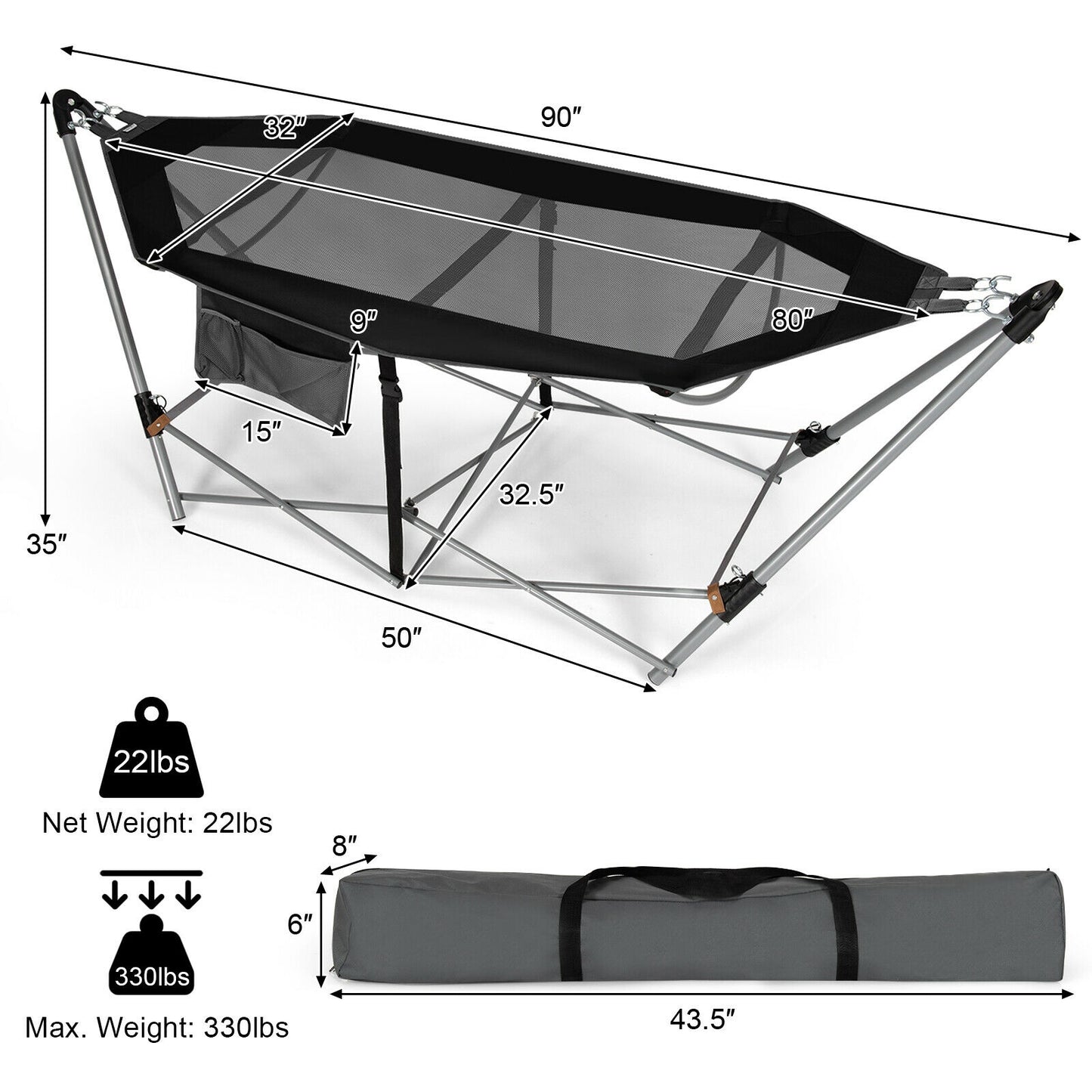 Folding Hammock Indoor Outdoor Hammock with Side Pocket and Iron Stand, Black Hammocks at Gallery Canada