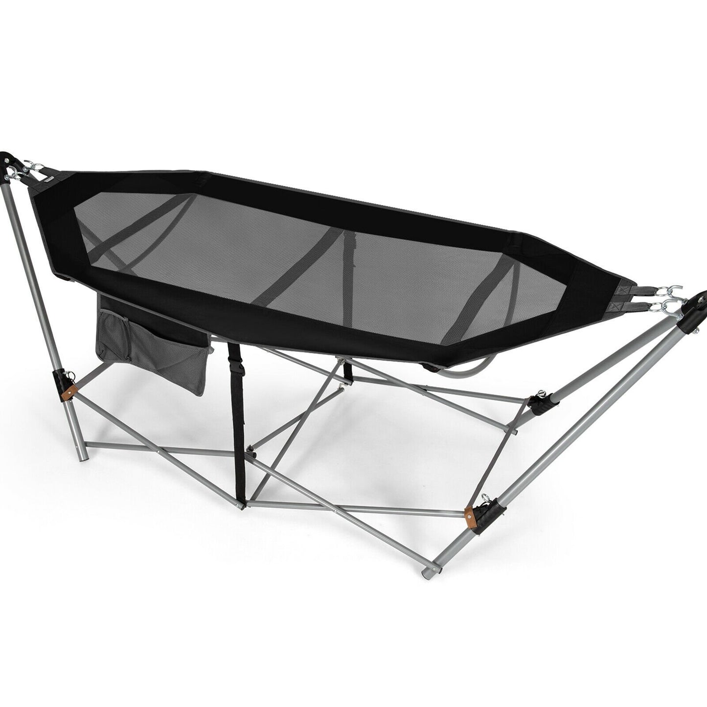 Folding Hammock Indoor Outdoor Hammock with Side Pocket and Iron Stand, Black - Gallery Canada