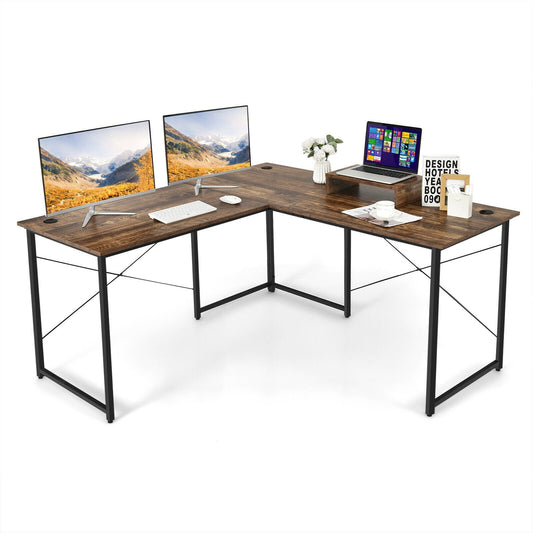 95 Inch 2-Person L-Shaped Long Reversible Computer Desk with Monitor Stand, Rustic Brown - Gallery Canada