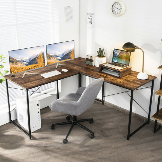 95 Inch 2-Person L-Shaped Long Reversible Computer Desk with Monitor Stand, Rustic Brown - Gallery Canada