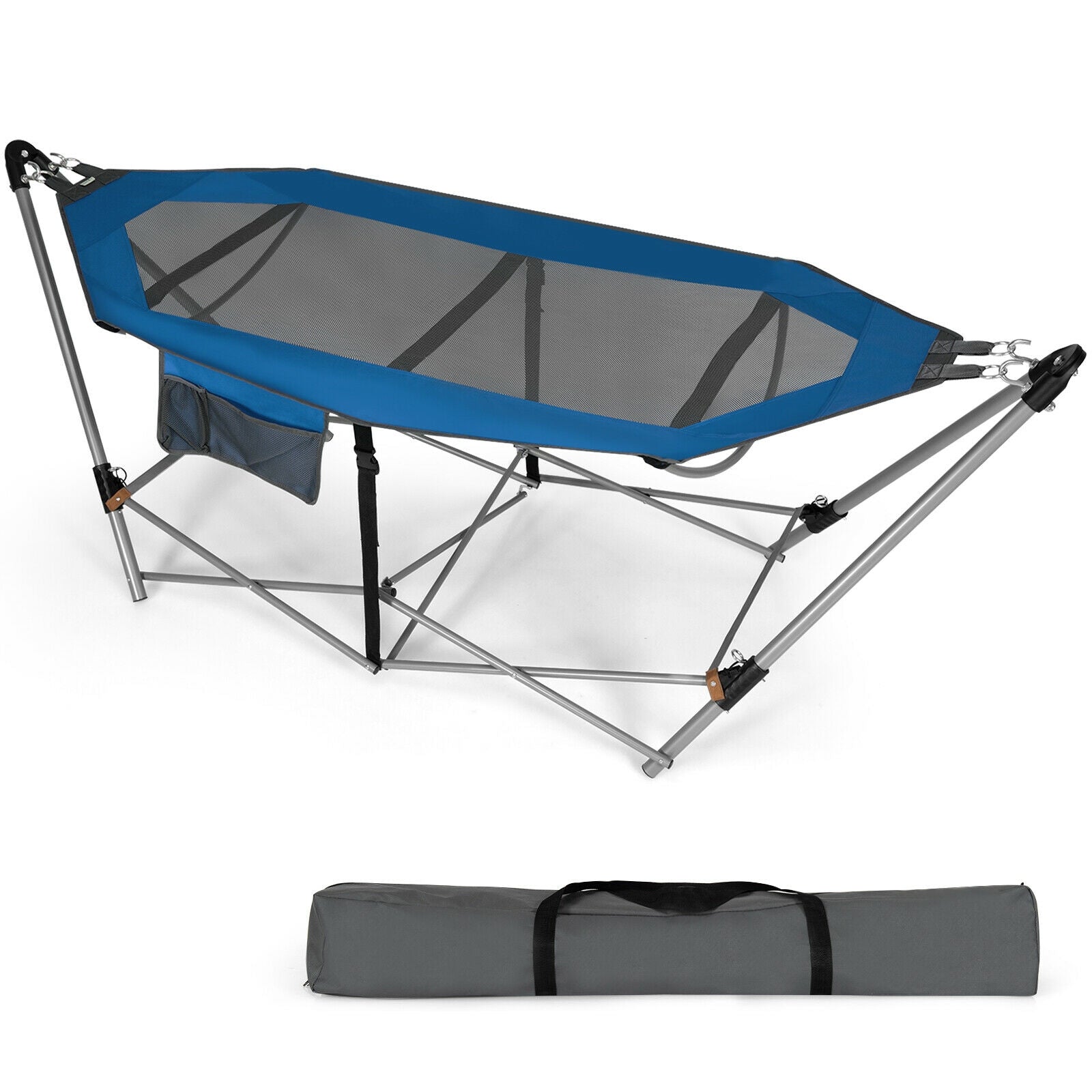 Folding Hammock Indoor Outdoor Hammock with Side Pocket and Iron Stand, Blue Hammocks at Gallery Canada