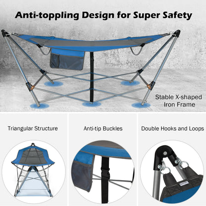 Folding Hammock Indoor Outdoor Hammock with Side Pocket and Iron Stand, Blue Hammocks at Gallery Canada