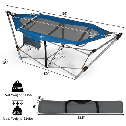 Folding Hammock Indoor Outdoor Hammock with Side Pocket and Iron Stand, Blue Hammocks at Gallery Canada