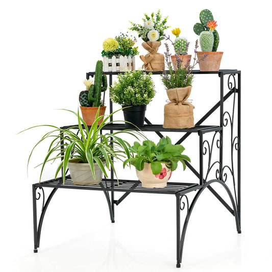 3-Tier Metal Plant Stand, Widened Grid Shelf, Black