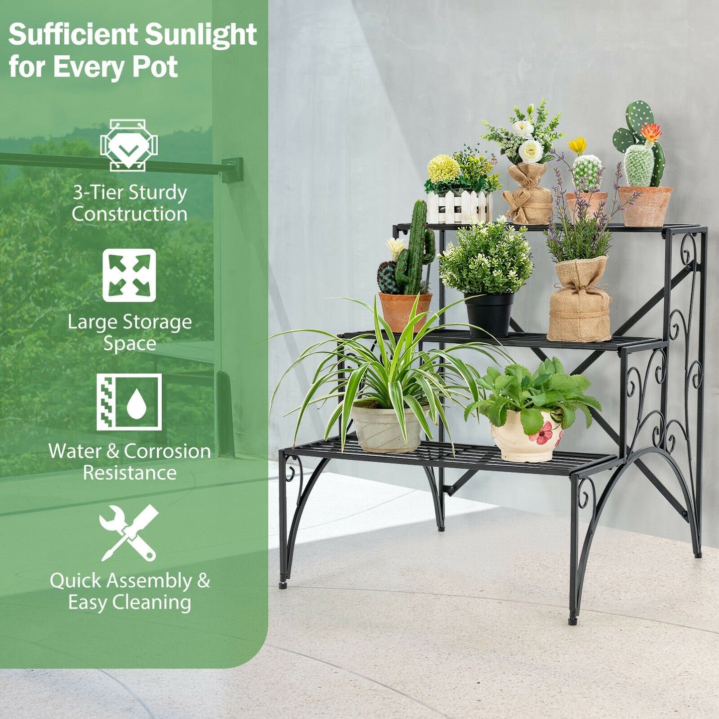 3-Tier Metal Plant Stand with Widened Grid Shelf for Porch Garden, Black - Gallery Canada