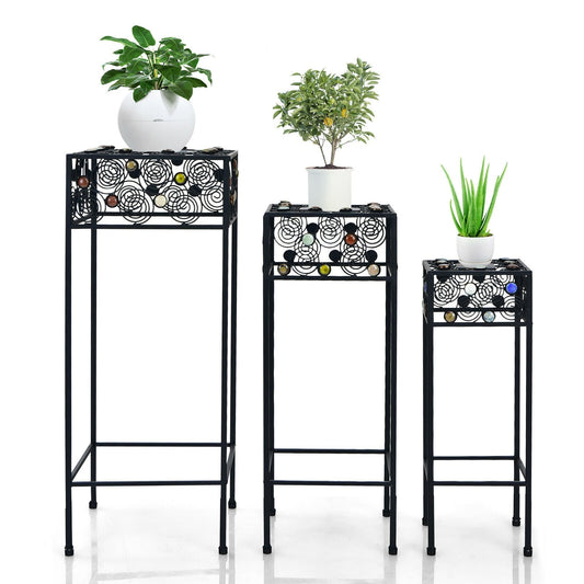 Set of 3 Metal Flower Pot Holder Rack with Colorful Ceramic Beads, Black - Gallery Canada