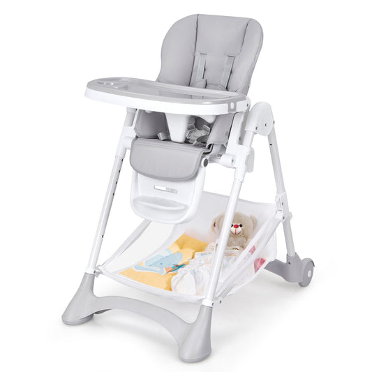 Baby Convertible Folding Adjustable High Chair with Wheel Tray Storage Basket, Gray - Gallery Canada