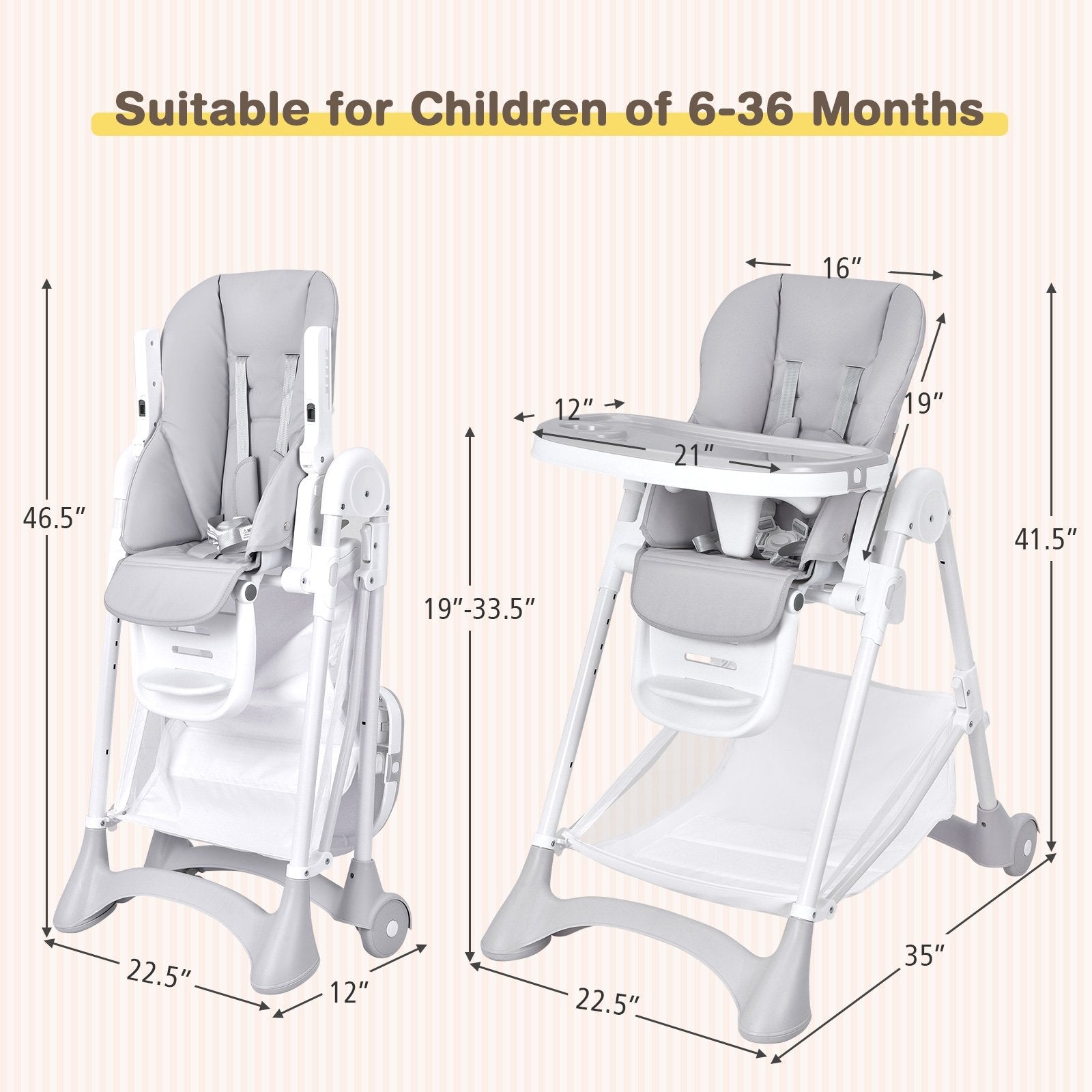 Baby Convertible Folding Adjustable High Chair with Wheel Tray Storage Basket, Gray at Gallery Canada
