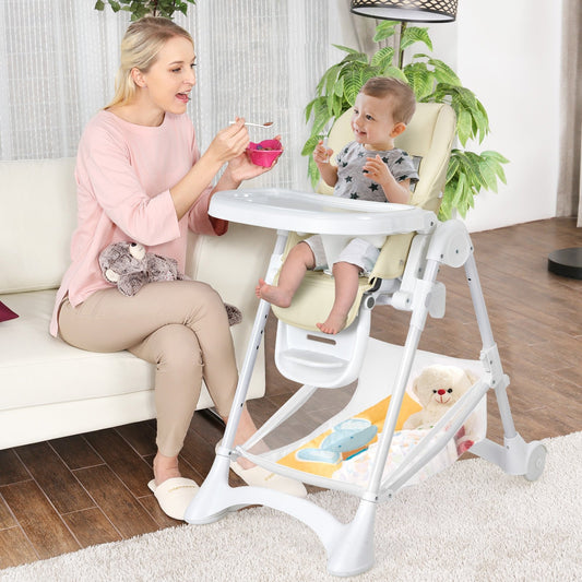 Baby Convertible Folding Adjustable High Chair with Wheel Tray Storage Basket, Beige - Gallery Canada