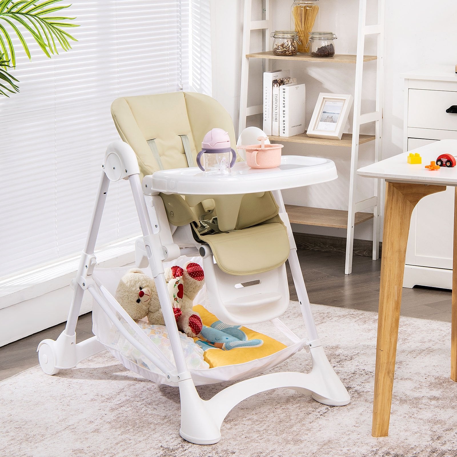 Baby Convertible Folding Adjustable High Chair with Wheel Tray Storage Basket, Beige - Gallery Canada