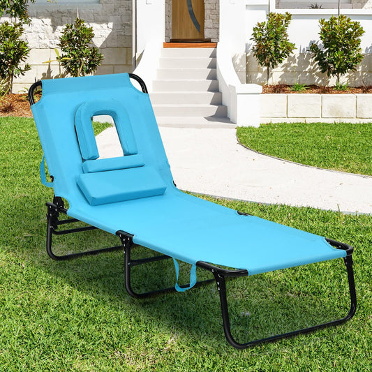 Outdoor Folding Chaise Beach Pool Patio Lounge Chair Bed with Adjustable Back and Hole, Turquoise - Gallery Canada