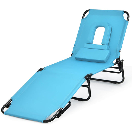 Outdoor Folding Chaise Beach Pool Patio Lounge Chair Bed with Adjustable Back and Hole, Turquoise - Gallery Canada