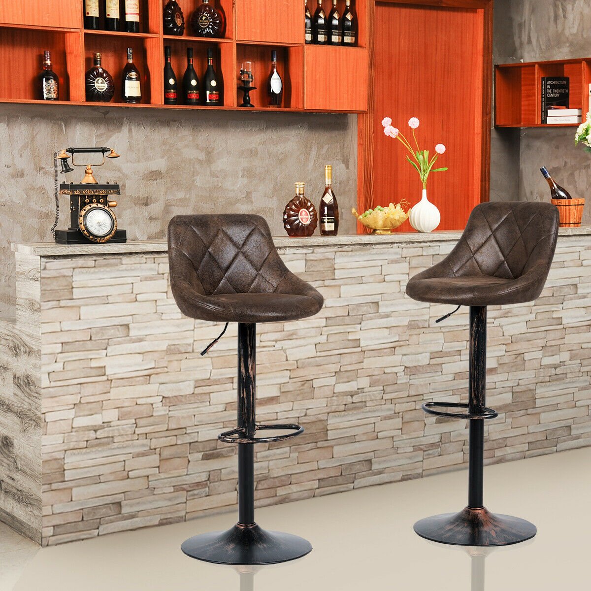Set of 2 Adjustable Bar Stools with Backrest and Footrest, Dark Brown - Gallery Canada