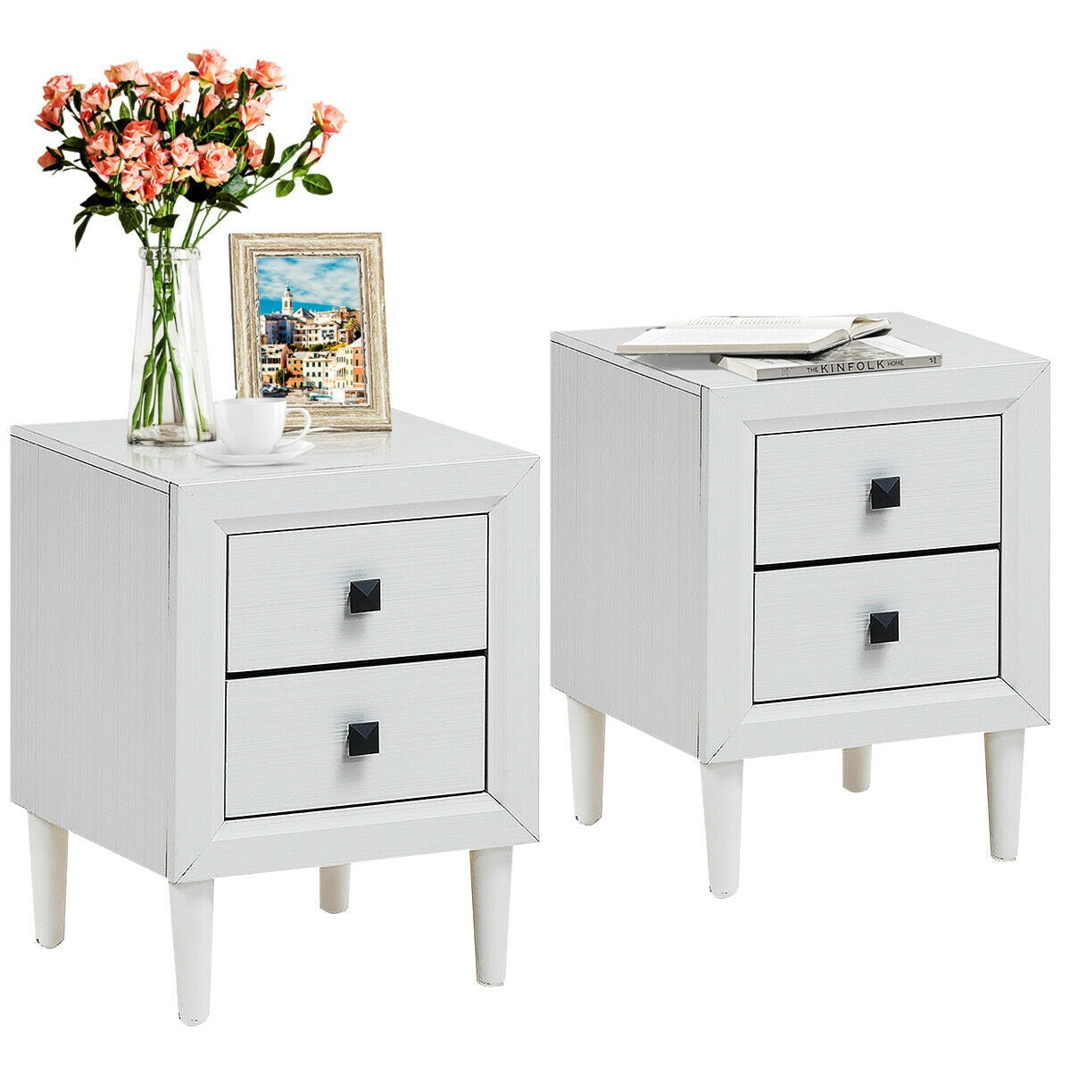 2Pcs Multipurpose Retro Nightstand with 2 Drawers, White Nightstands at Gallery Canada