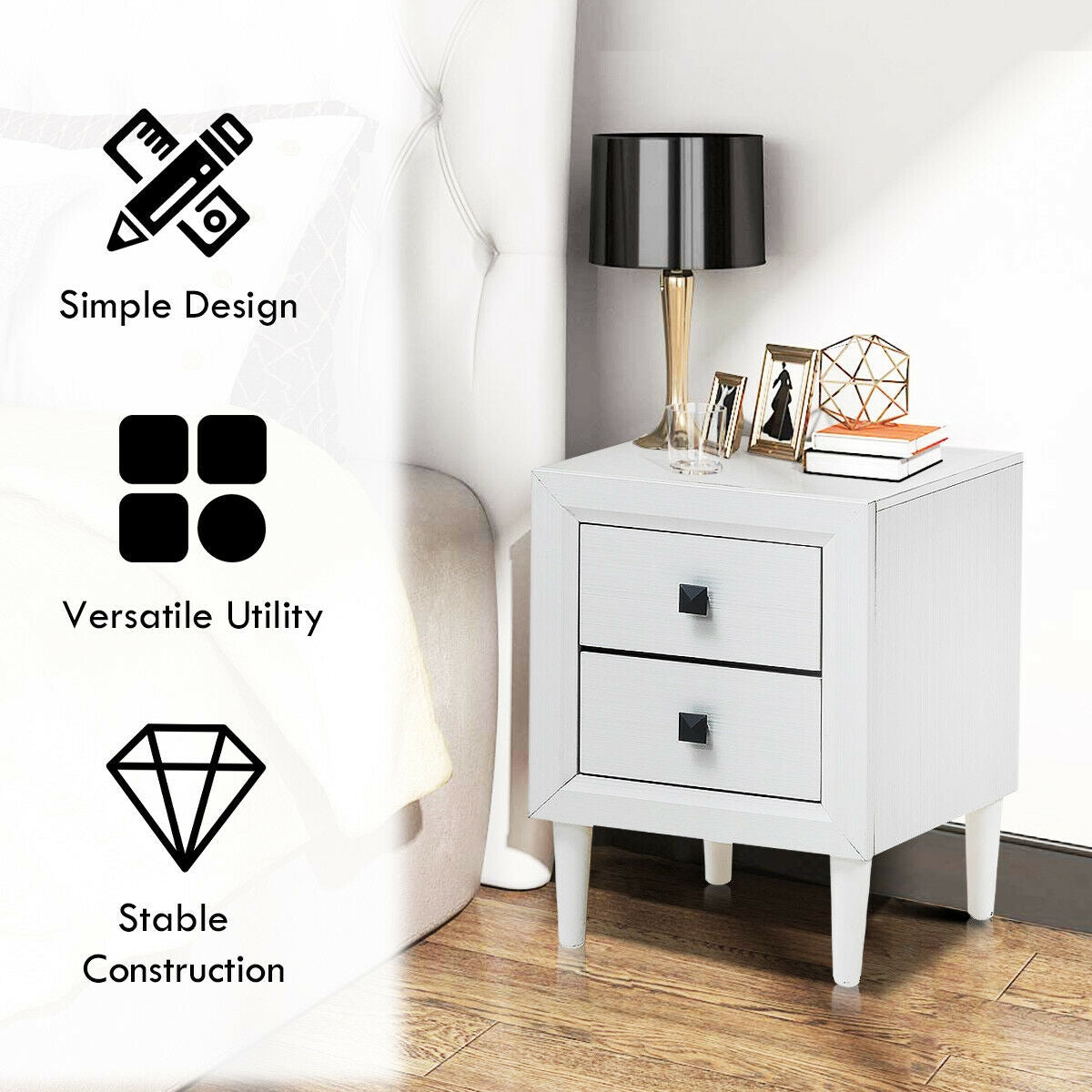 2Pcs Multipurpose Retro Nightstand with 2 Drawers, White Nightstands at Gallery Canada