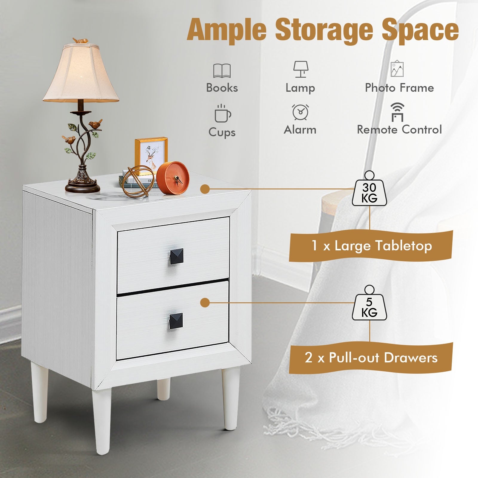 Multipurpose Retro Bedside Nightstand/ End Table with 2 Drawers, White Nightstands at Gallery Canada