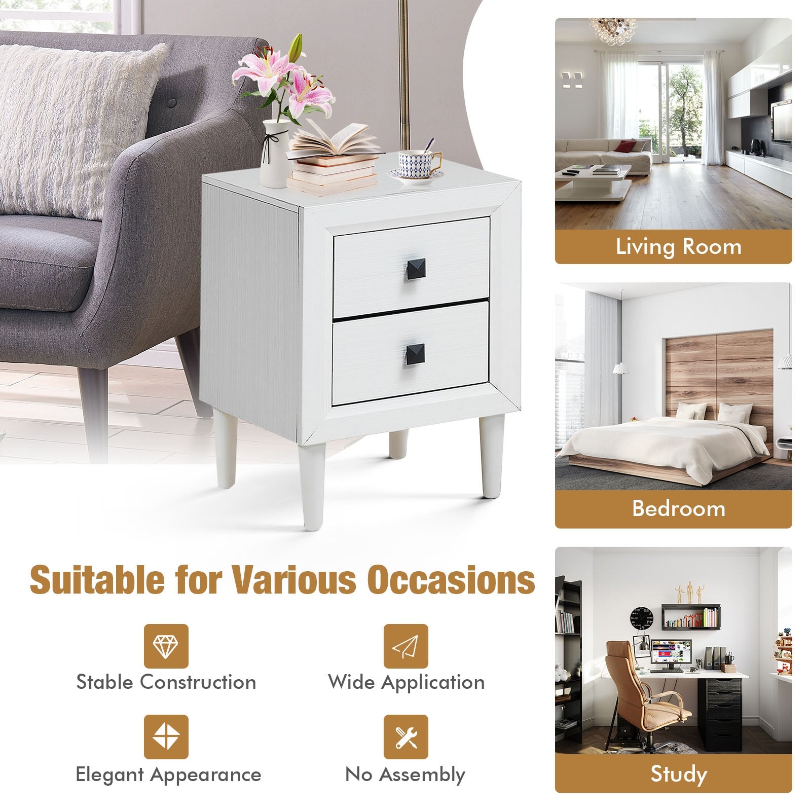 Multipurpose Retro Bedside Nightstand/ End Table with 2 Drawers, White Nightstands at Gallery Canada