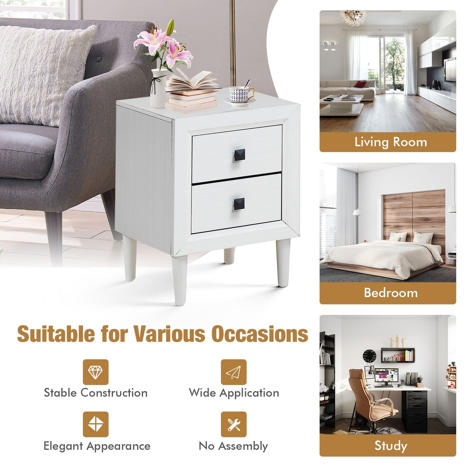 Multipurpose Retro Bedside Nightstand/ End Table with 2 Drawers, White - Gallery Canada