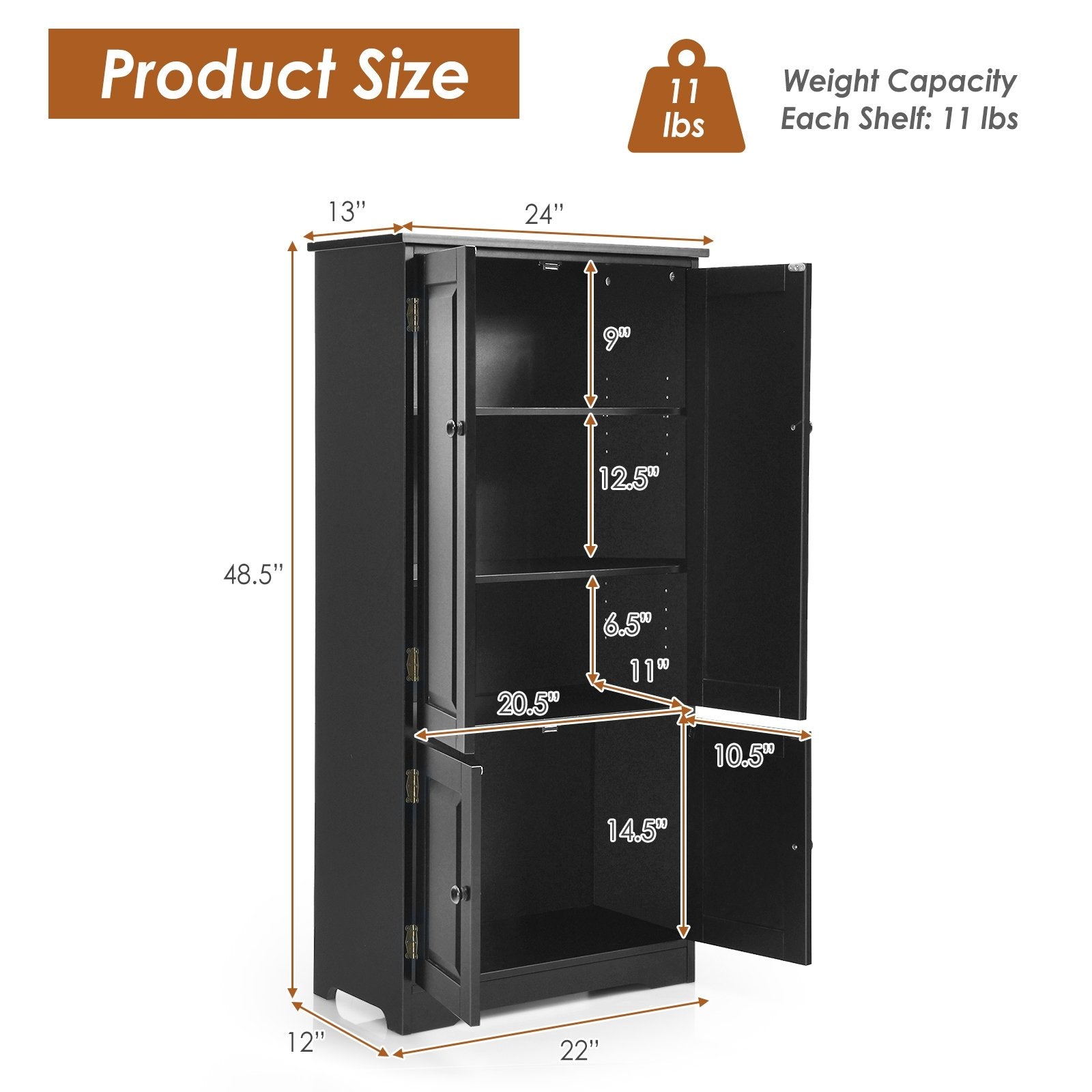 Accent Floor Storage Cabinet with Adjustable Shelves Antique 2-Door, Black - Gallery Canada