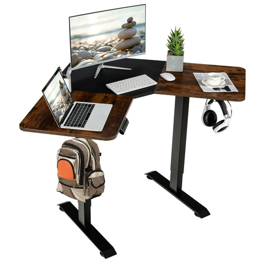 L-shaped Electric Standing Desk with 4 Memory Positions and LCD Display, Rustic Brown - Gallery Canada