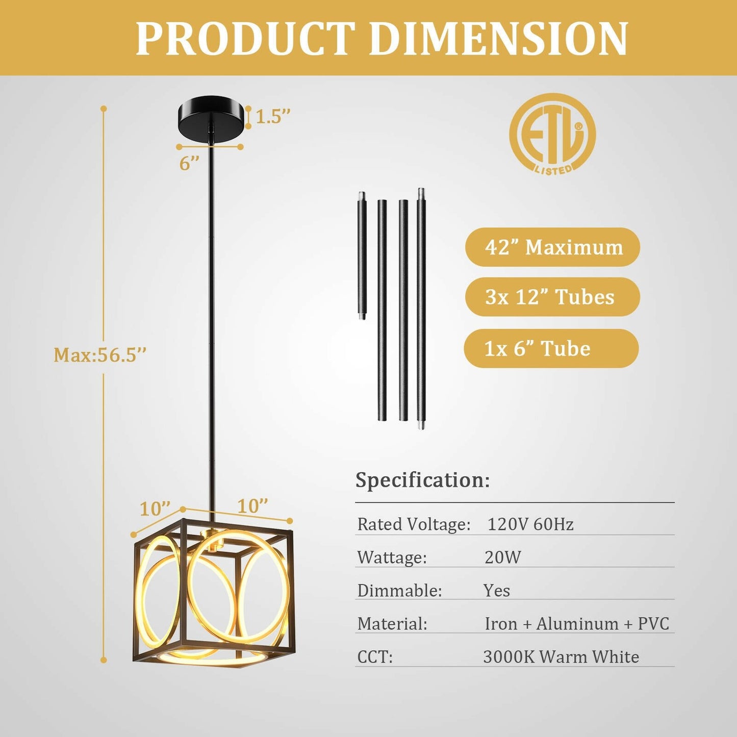 Modern LED Pendant Light with 42 Inches Adjustable Suspender, Black