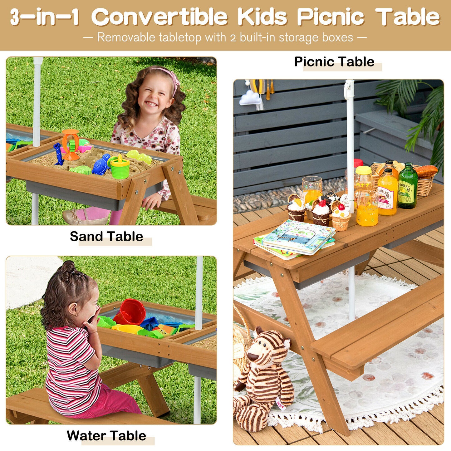 3-In-1 Kids Outdoor Picnic Water Sand Table, Green Kids Table & Chair Sets at Gallery Canada
