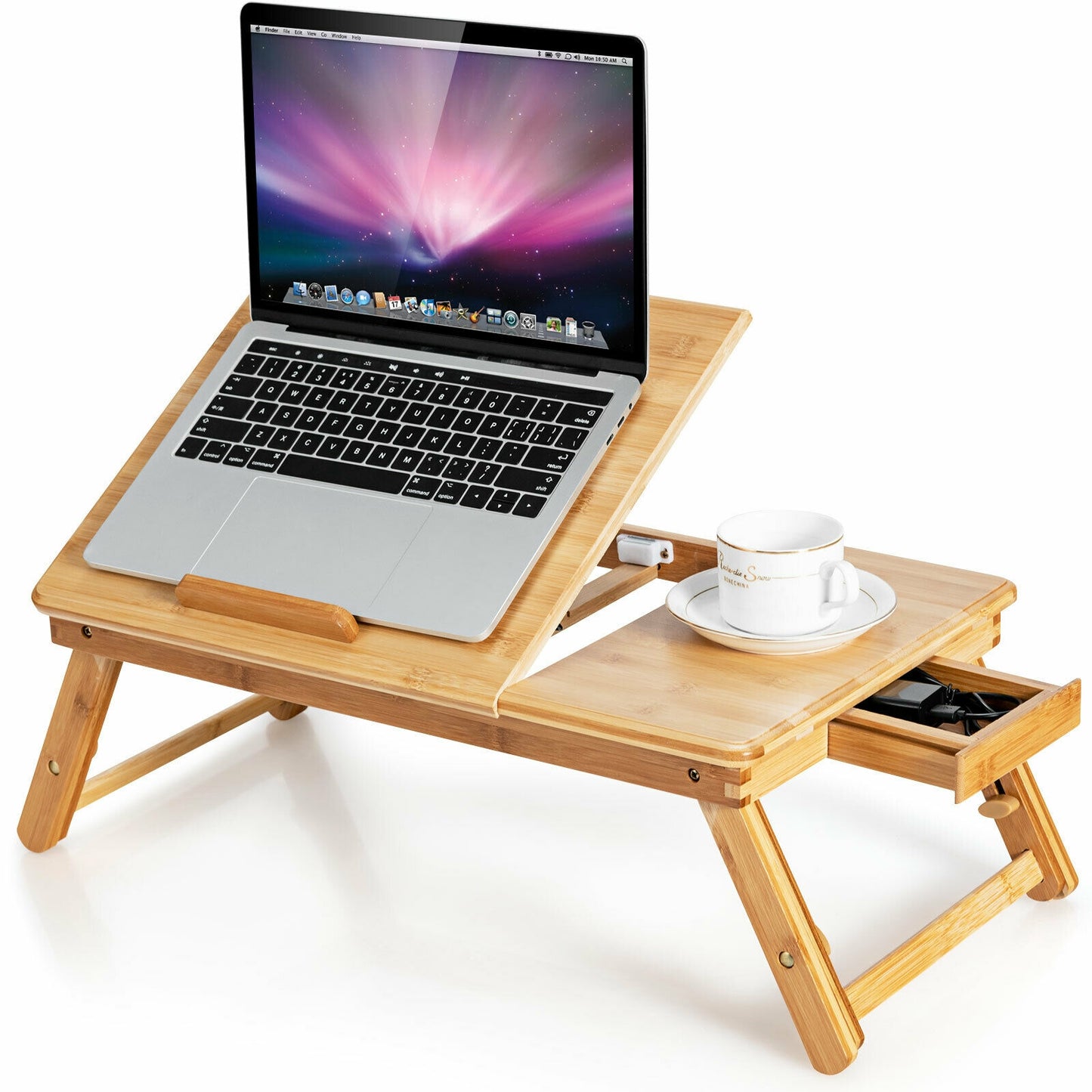 Bamboo Laptop Lap Tray, Adjustable Legs, Tilting Heat-Dissipation Top, Natural