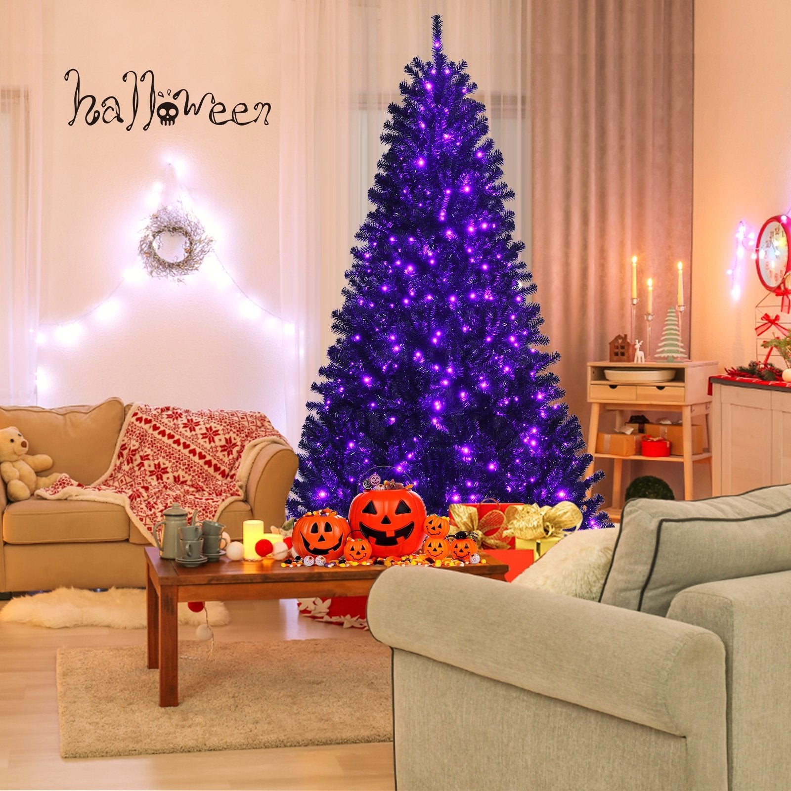 Black Artificial Christmas Halloween Tree with Purple LED Lights-7', Black - Gallery Canada