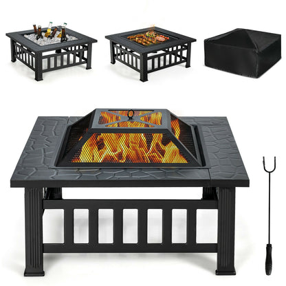32 Inch 3 in 1 Outdoor Square Fire Pit Table with BBQ Grill and Rain Cover for Camping, Black Fire Pit Tables at Gallery Canada