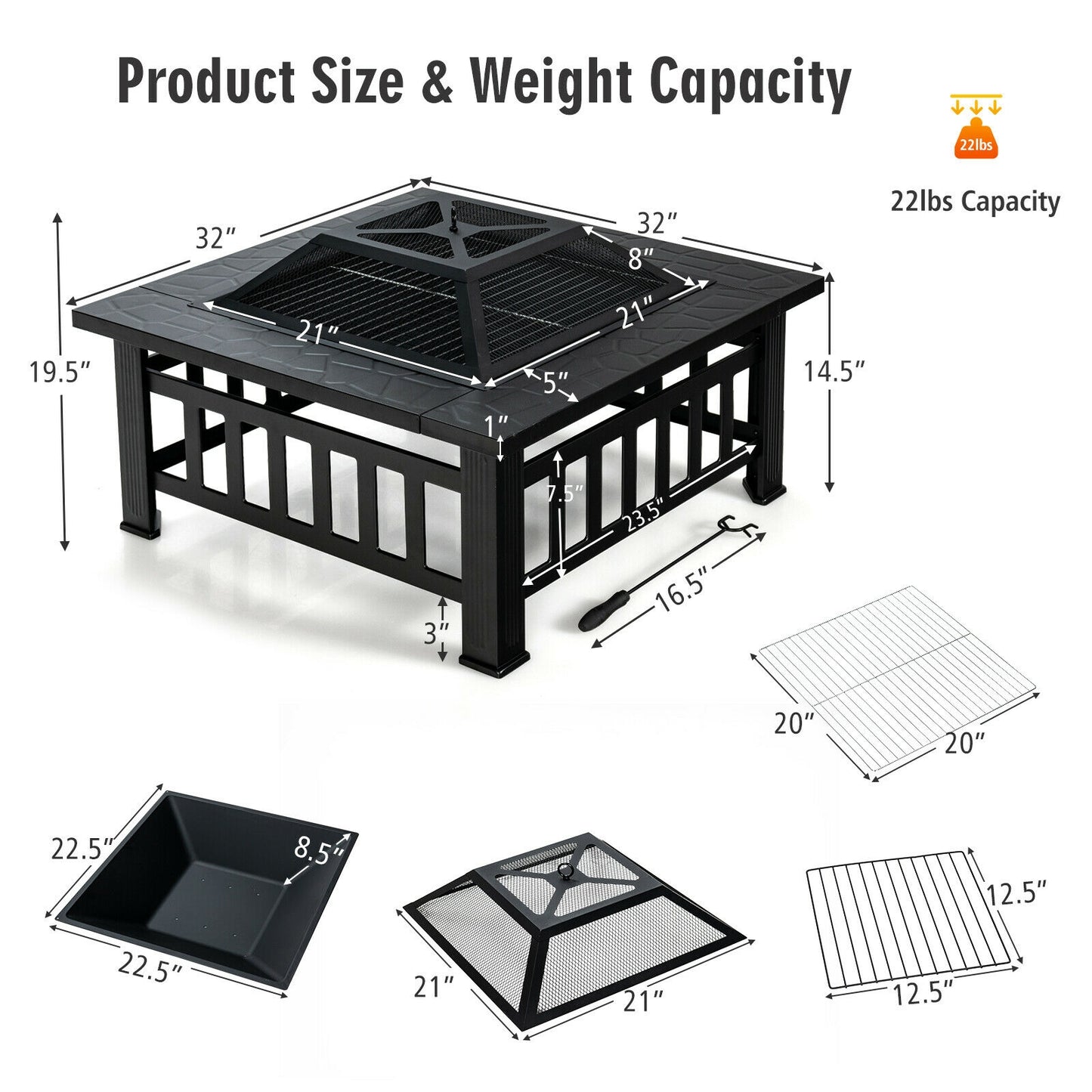 32 Inch 3 in 1 Outdoor Square Fire Pit Table with BBQ Grill and Rain Cover for Camping, Black Fire Pit Tables at Gallery Canada