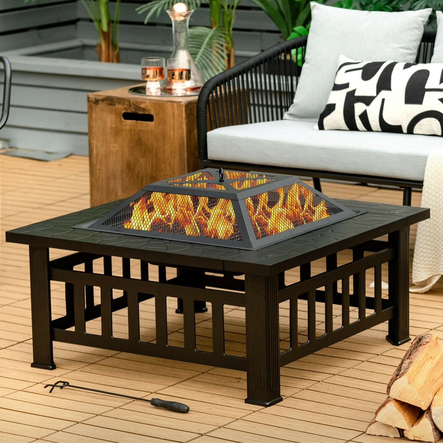 32 Inch 3 in 1 Outdoor Square Fire Pit Table with BBQ Grill and Rain Cover for Camping, Black Fire Pit Tables at Gallery Canada