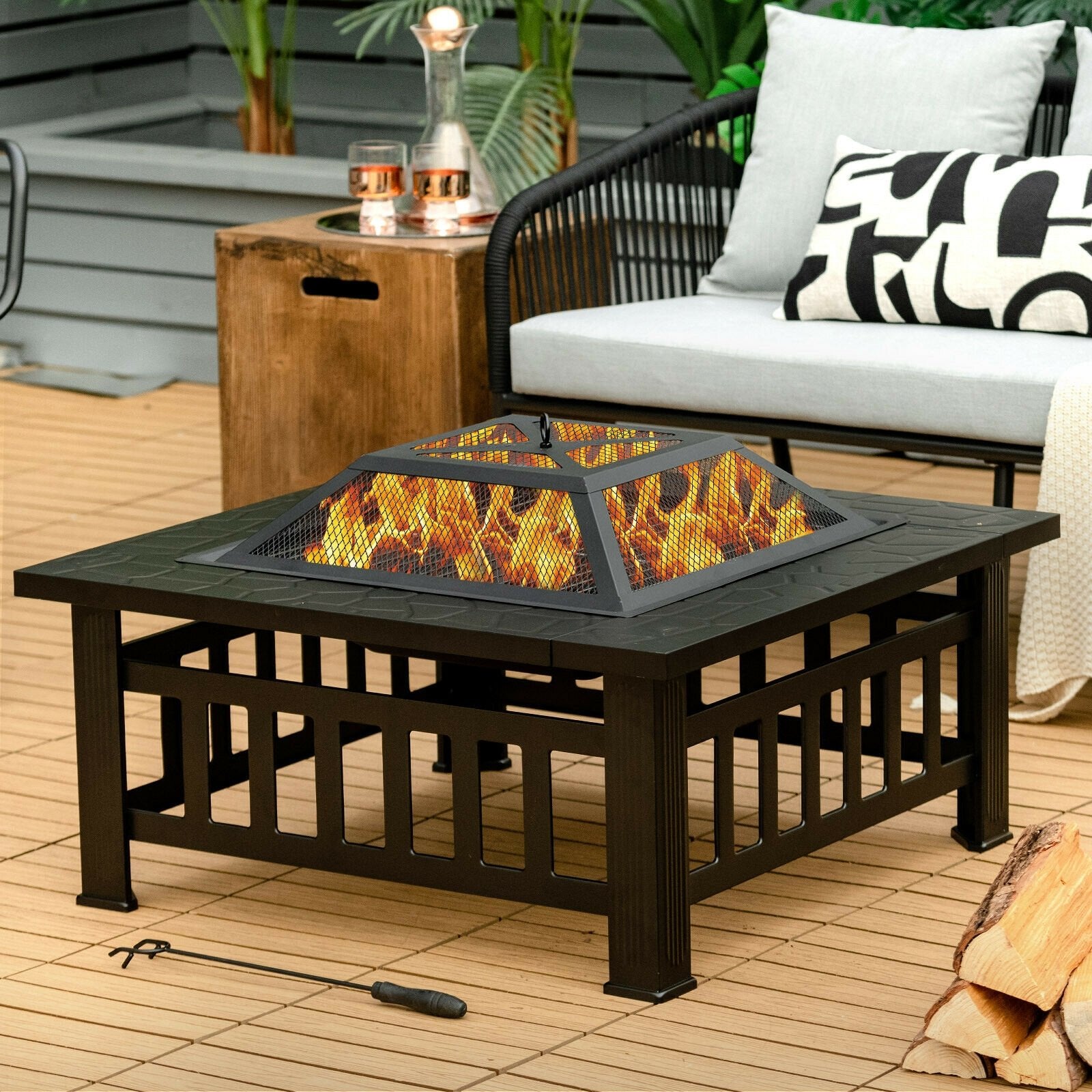 32 Inch 3 in 1 Outdoor Square Fire Pit Table with BBQ Grill and Rain Cover for Camping, Black Fire Pit Tables at Gallery Canada