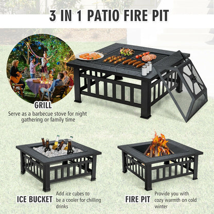 32 Inch 3 in 1 Outdoor Square Fire Pit Table with BBQ Grill and Rain Cover for Camping, Black - Gallery Canada