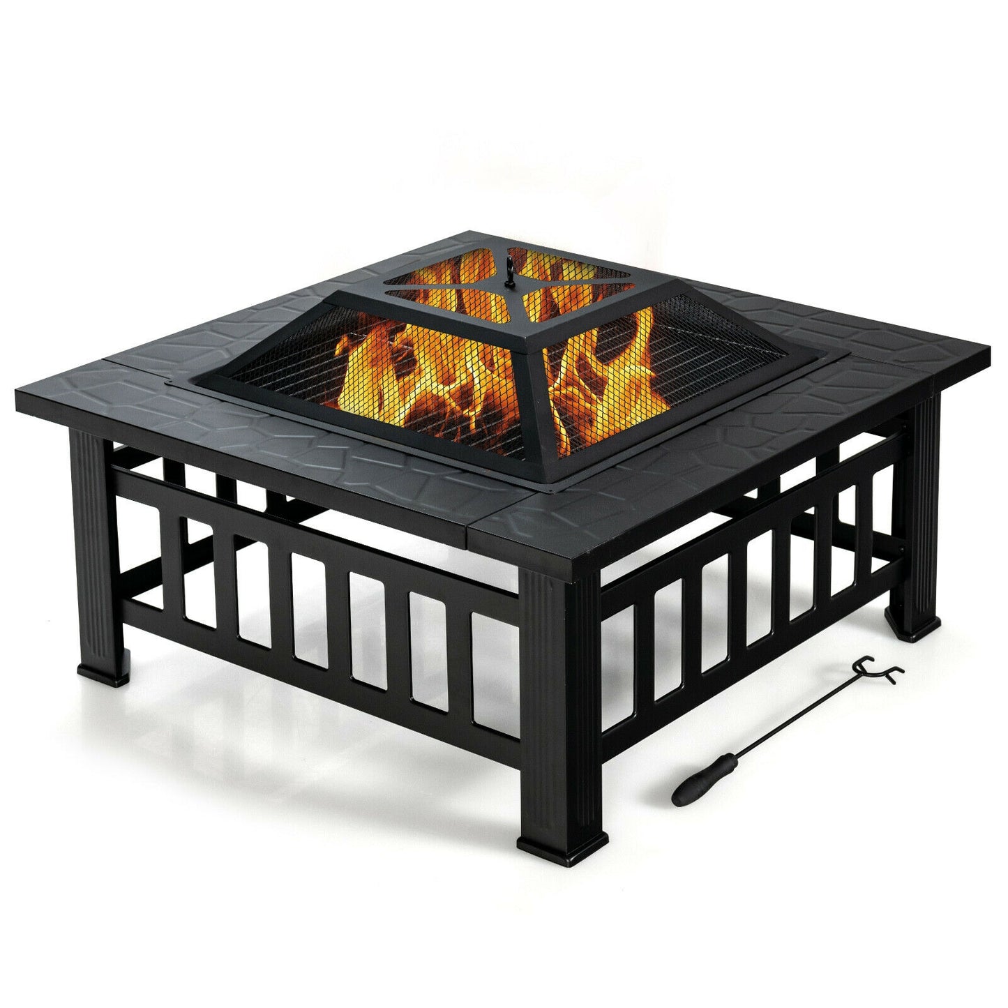 32 Inch 3 in 1 Outdoor Square Fire Pit Table with BBQ Grill and Rain Cover for Camping, Black Fire Pit Tables at Gallery Canada