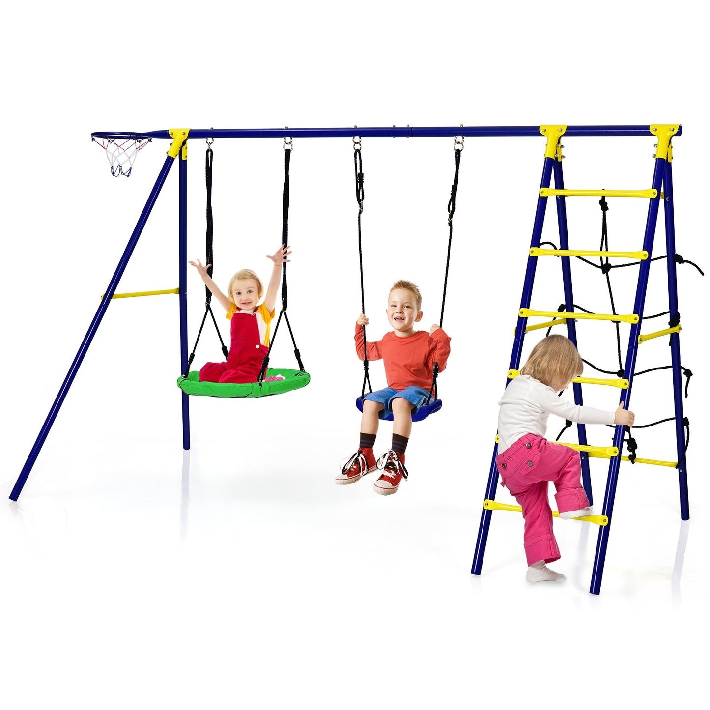 5-In-1 Outdoor Kids Swing Set with A-Shaped Metal Frame and Ground Stake, Blue - Gallery Canada