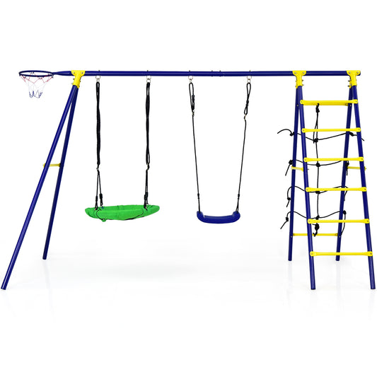 5-In-1 Outdoor Kids Swing Set with A-Shaped Metal Frame and Ground Stake, Blue Swing & Playsets Blue at Gallery Canada