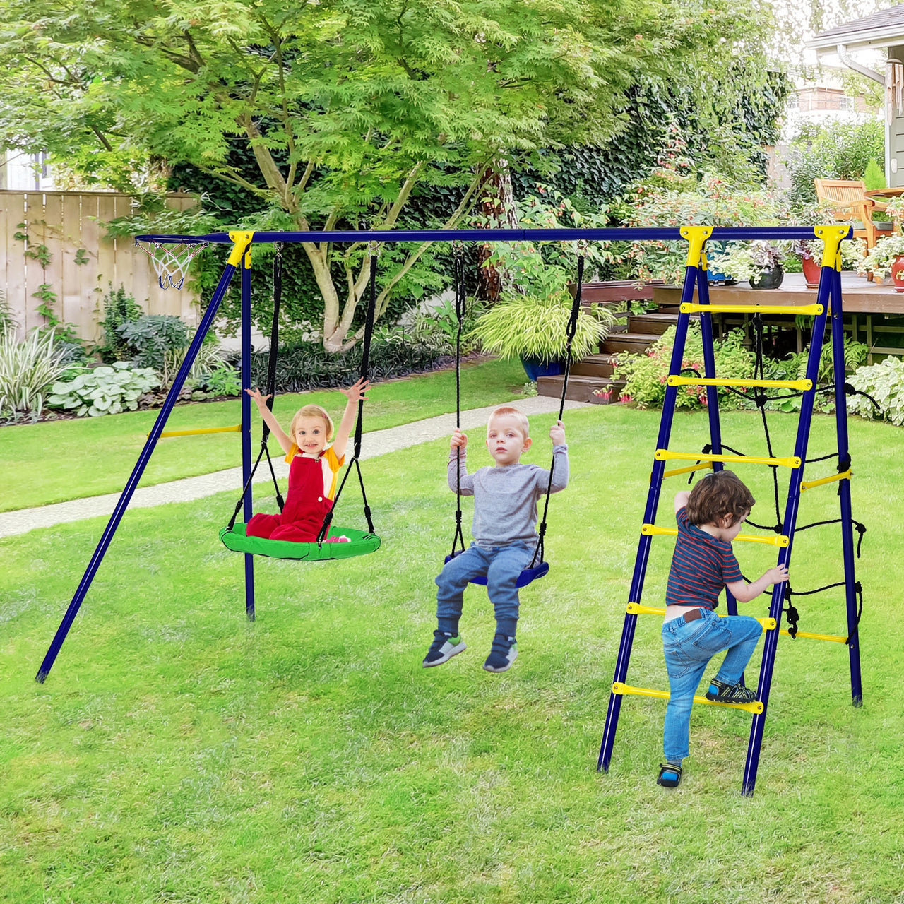 5-In-1 Outdoor Kids Swing Set with A-Shaped Metal Frame and Ground Stake - Gallery View 1 of 9