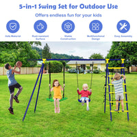 Thumbnail for 5-In-1 Outdoor Kids Swing Set with A-Shaped Metal Frame and Ground Stake - Gallery View 2 of 9