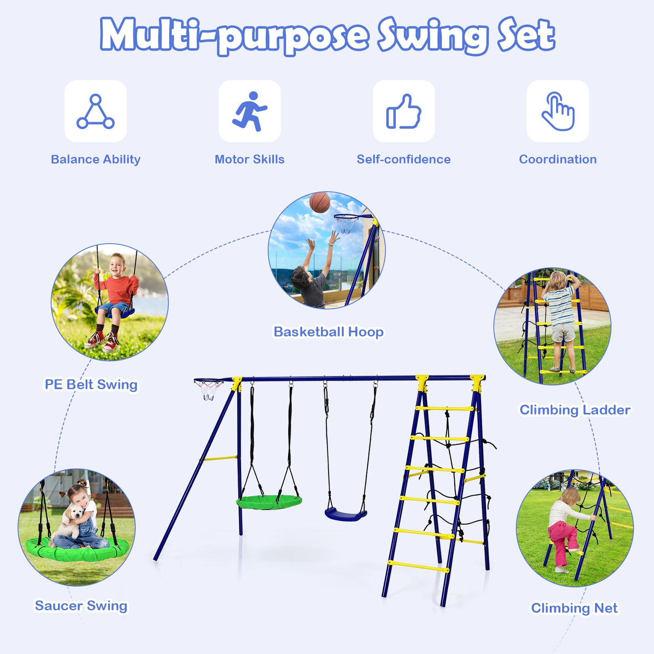 5-In-1 Outdoor Kids Swing Set with A-Shaped Metal Frame and Ground Stake - Gallery View 5 of 9
