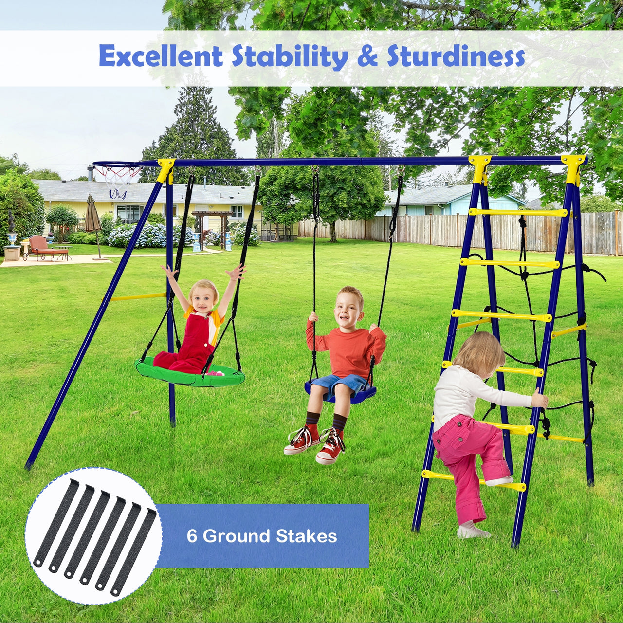 5-In-1 Outdoor Kids Swing Set with A-Shaped Metal Frame and Ground Stake - Gallery View 6 of 9